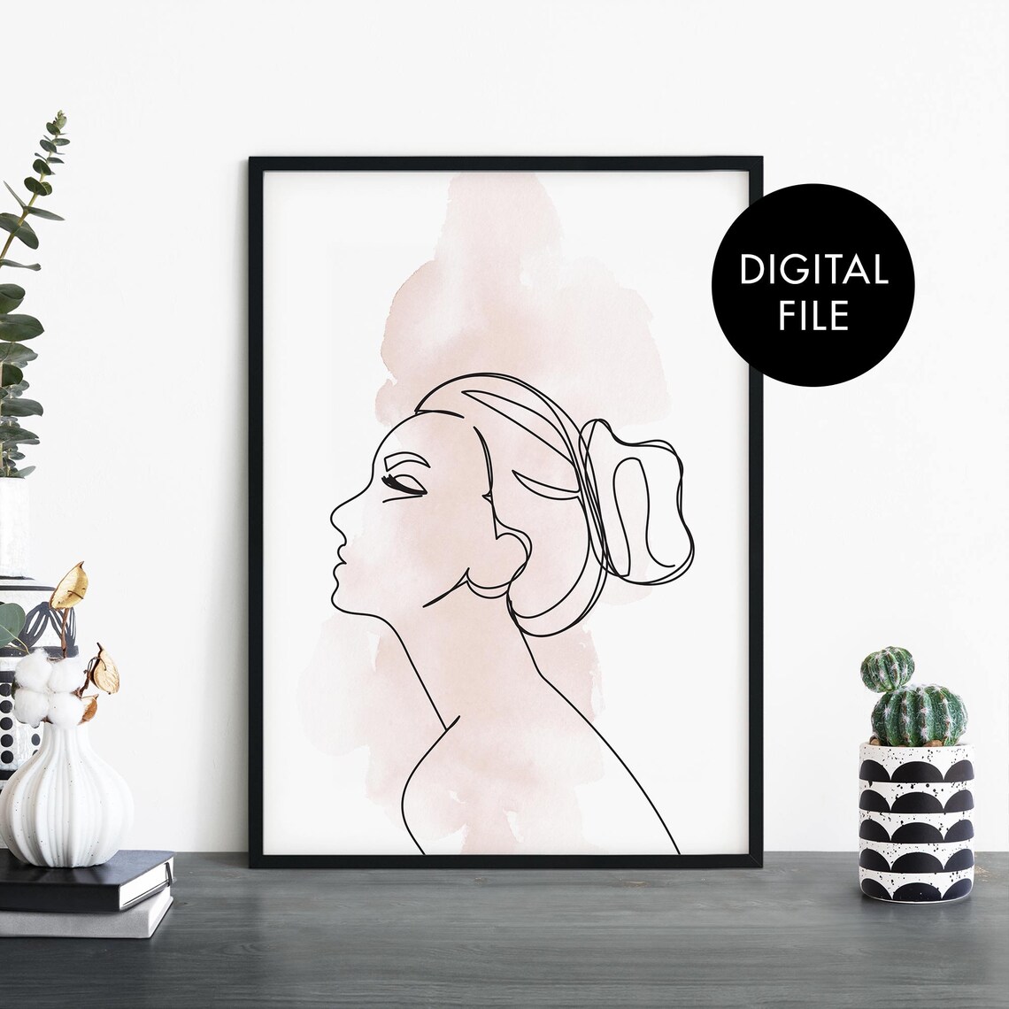 Female Profile Line Drawing Blush Watercolor Fashion Art Print
