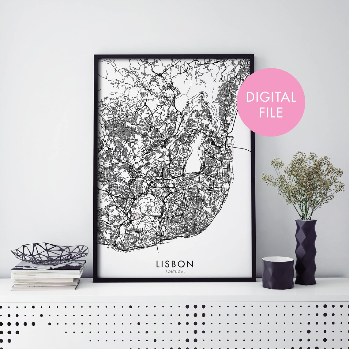 Lisbon Portugal Monochrome City Map Instant Digital Download Poster