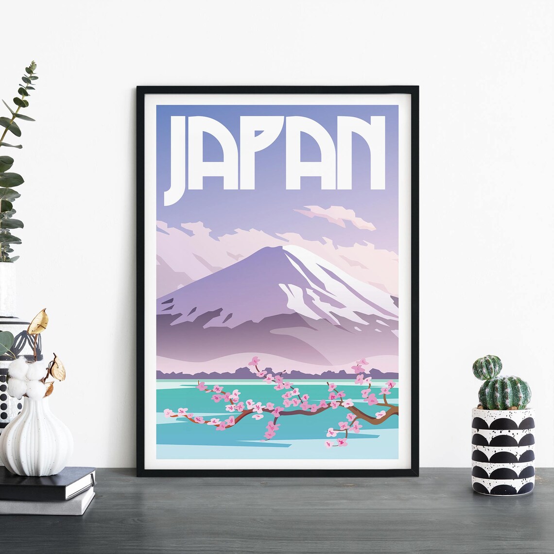 Japan Mount Fuji Cherry Blossom Branch Lake Scenic Travel Poster