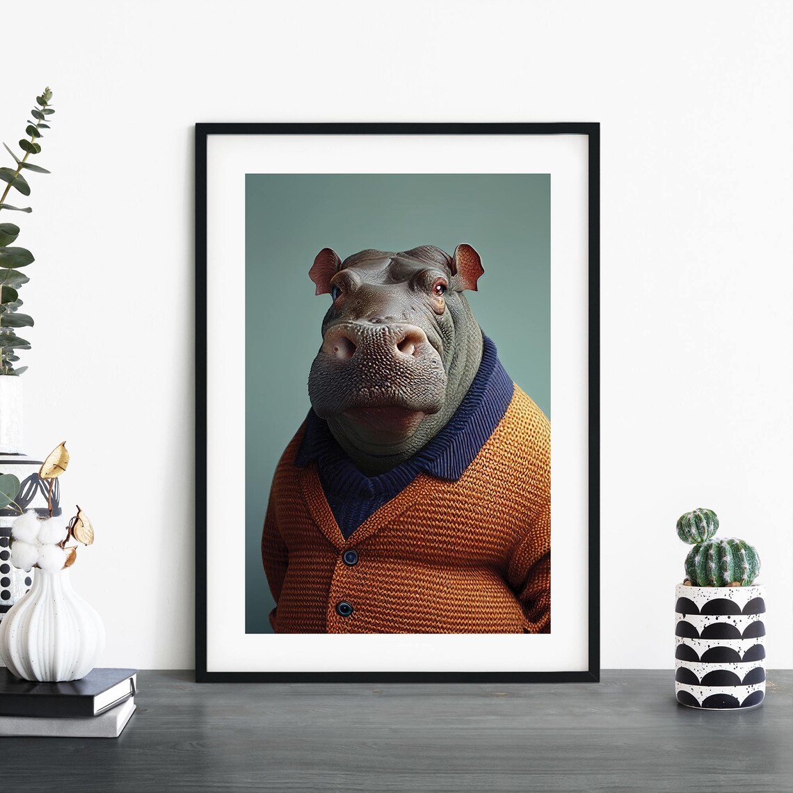 Hippo In A Cardigan Print Wall Art A4 A3 A2 A1