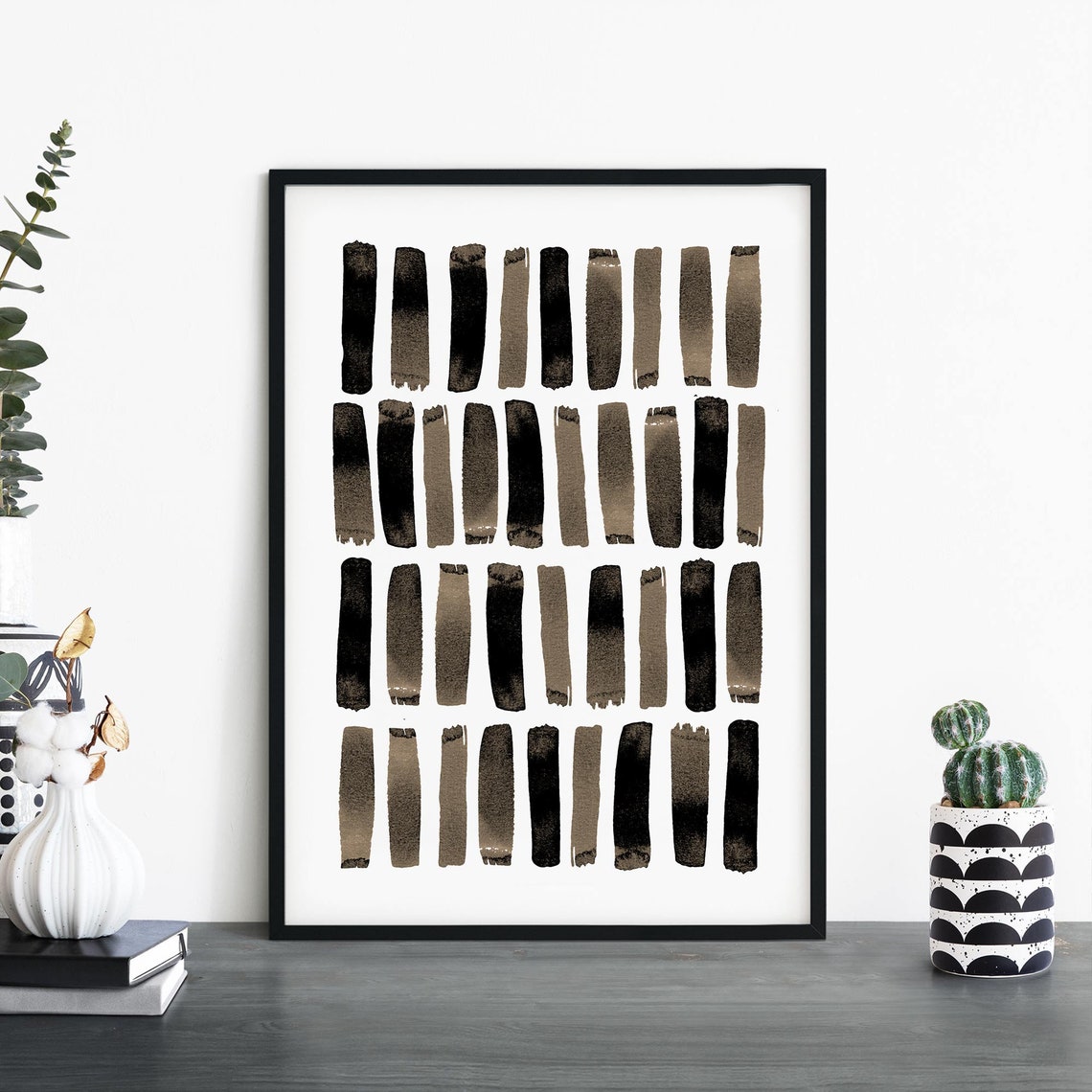 Vertical Brush Strokes Black Brown Abstract Minimalist Art Poster