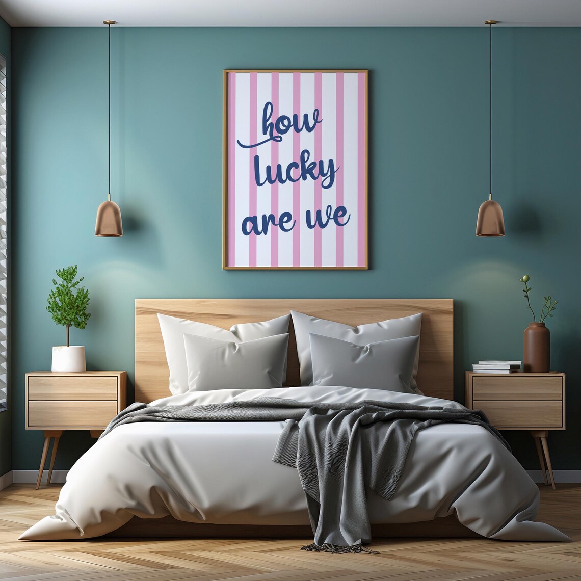How Lucky Are We Navy Script On Pink Pinstripes Quote Poster - Image 2