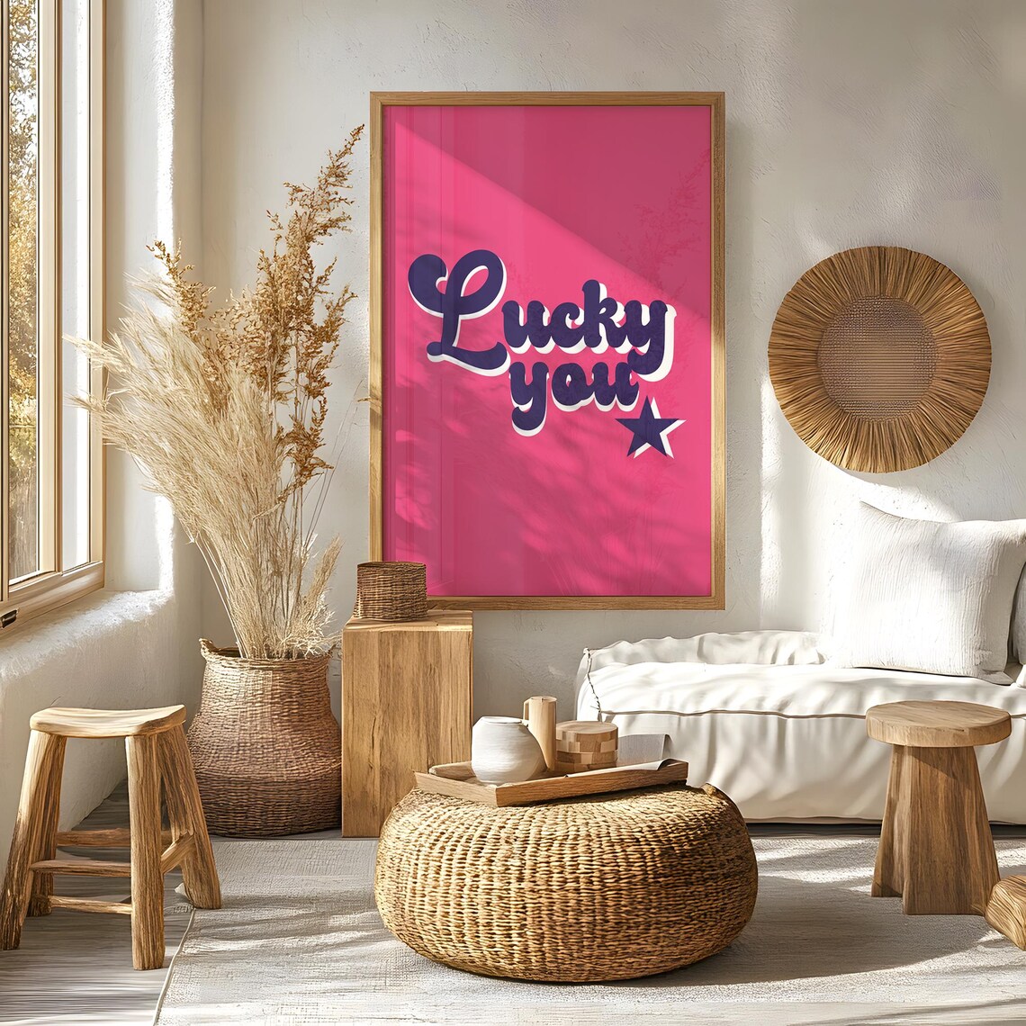 Lucky You Retro Pink Pop Art Navy Script Star Fun Quote Poster - Image 3