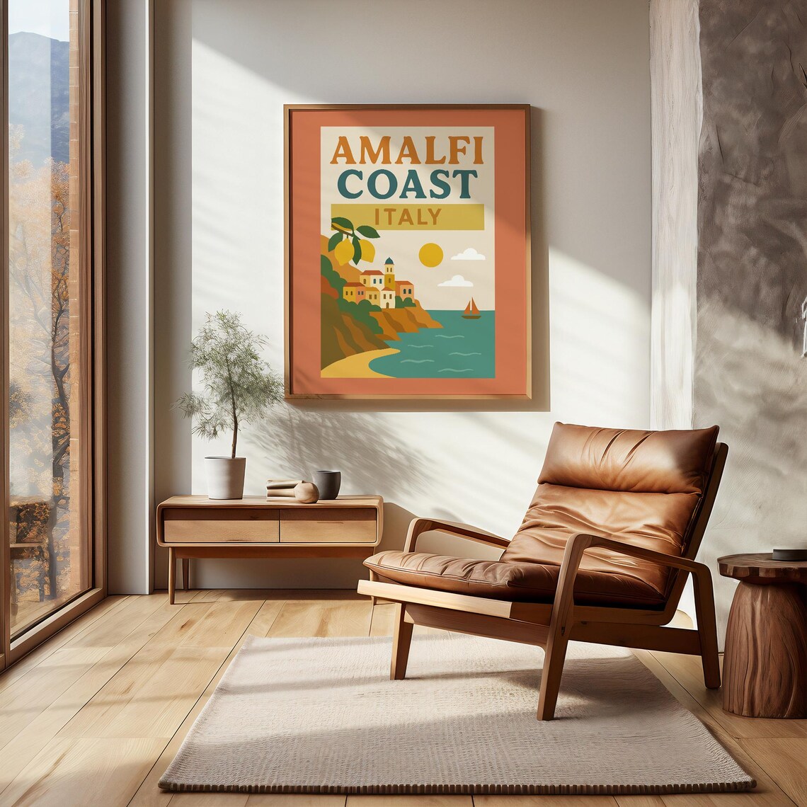 Amalfi Coast Italy Retro Travel Poster Lemon Village Sailboat Sea Art