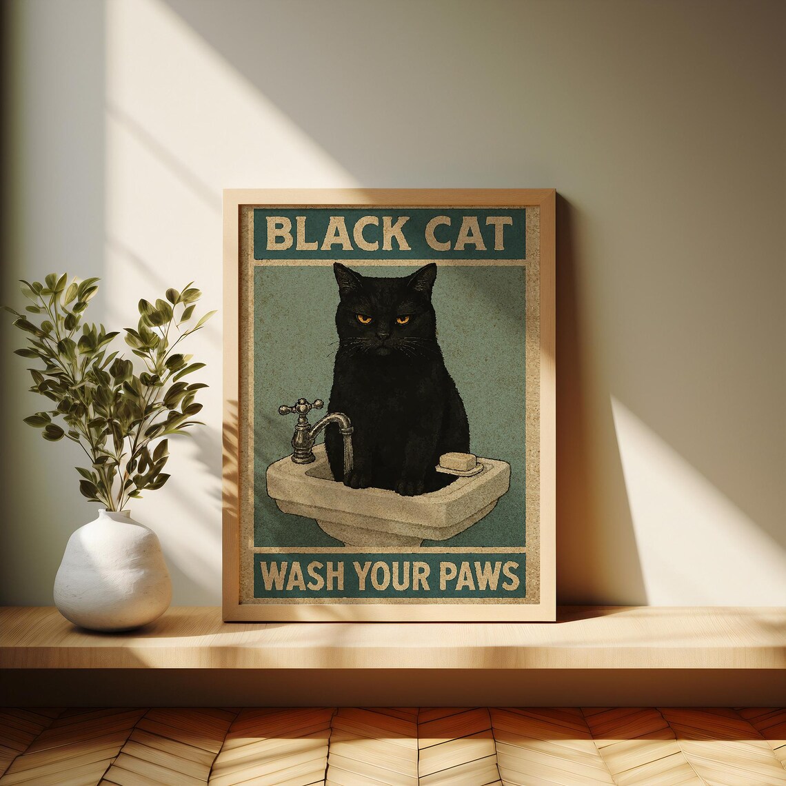 Black Cat Wash Your Paws Retro Funny Bathroom Sink Vintage Decor Poster - Image 3