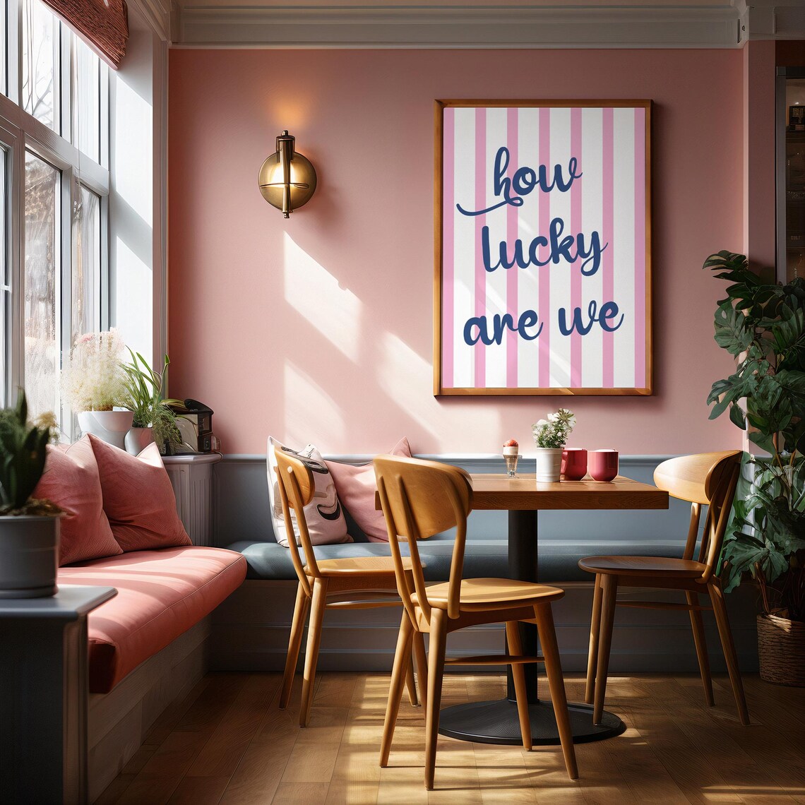 How Lucky Are We Navy Script On Pink Pinstripes Quote Poster - Image 3
