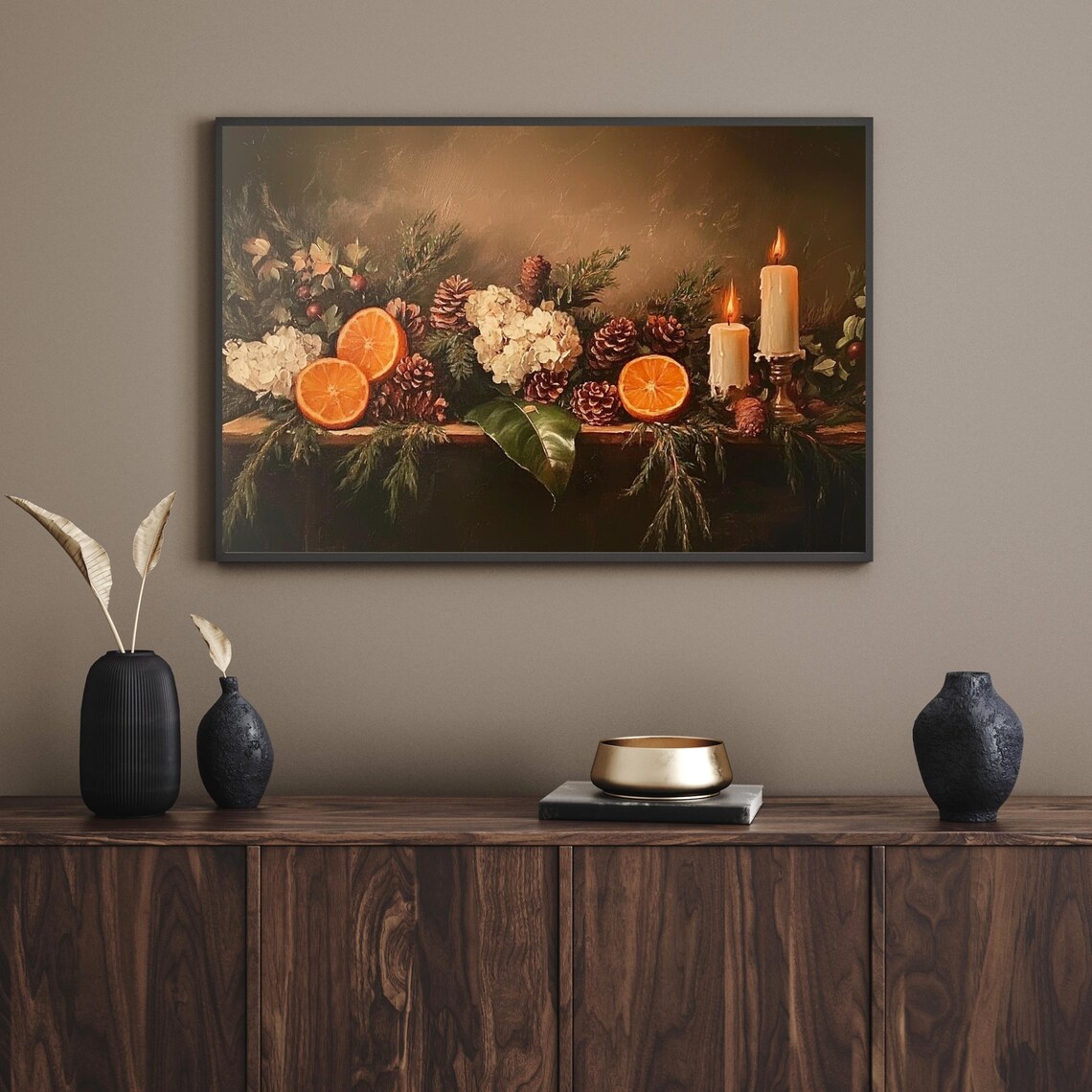 Holiday Oranges Pinecones Candles Festive Still Life Painting Poster - Image 4