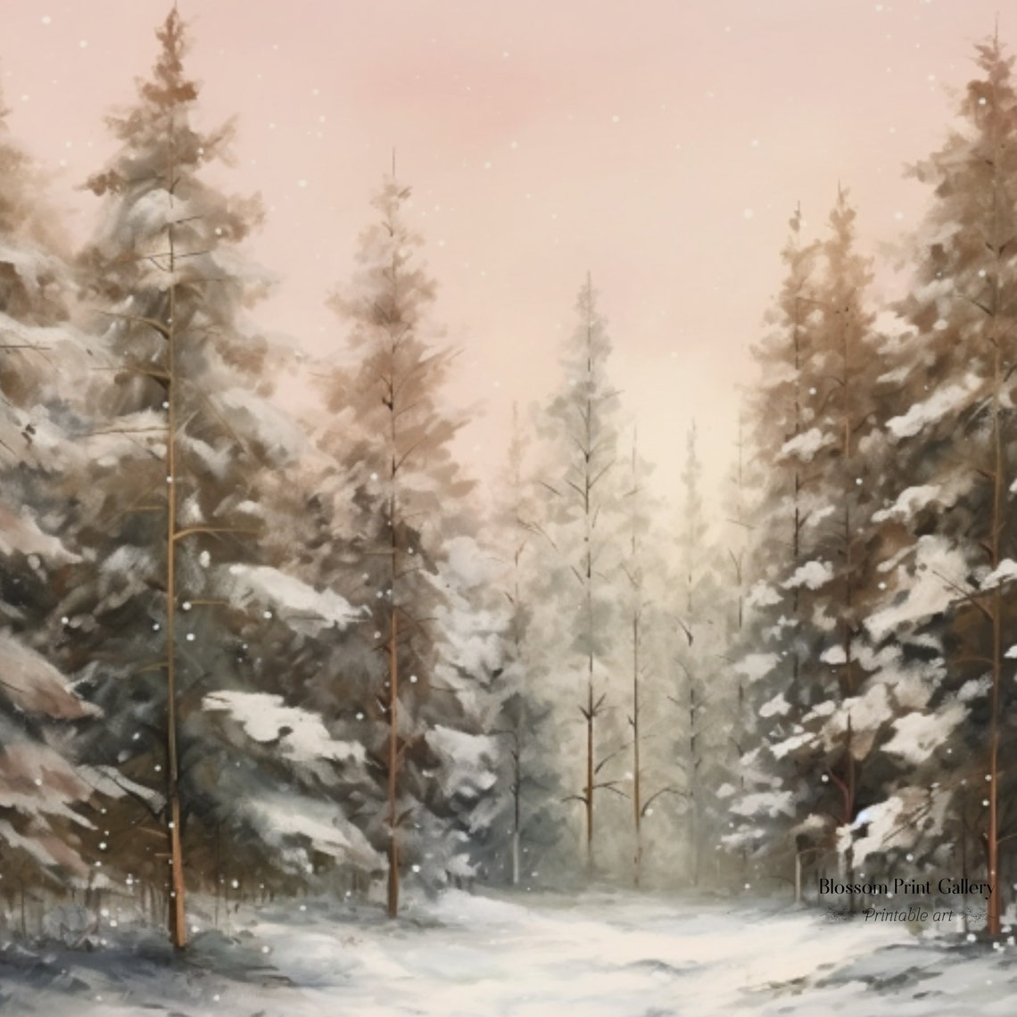 Blush Pink Winter Pine Forest Snowy Landscape Painting Poster - Image 3