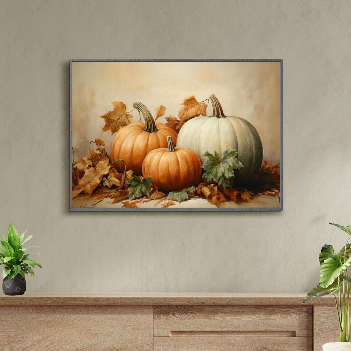 Orange And White Pumpkins With Fall Leaves Classic Still Life Art Poster - Image 6