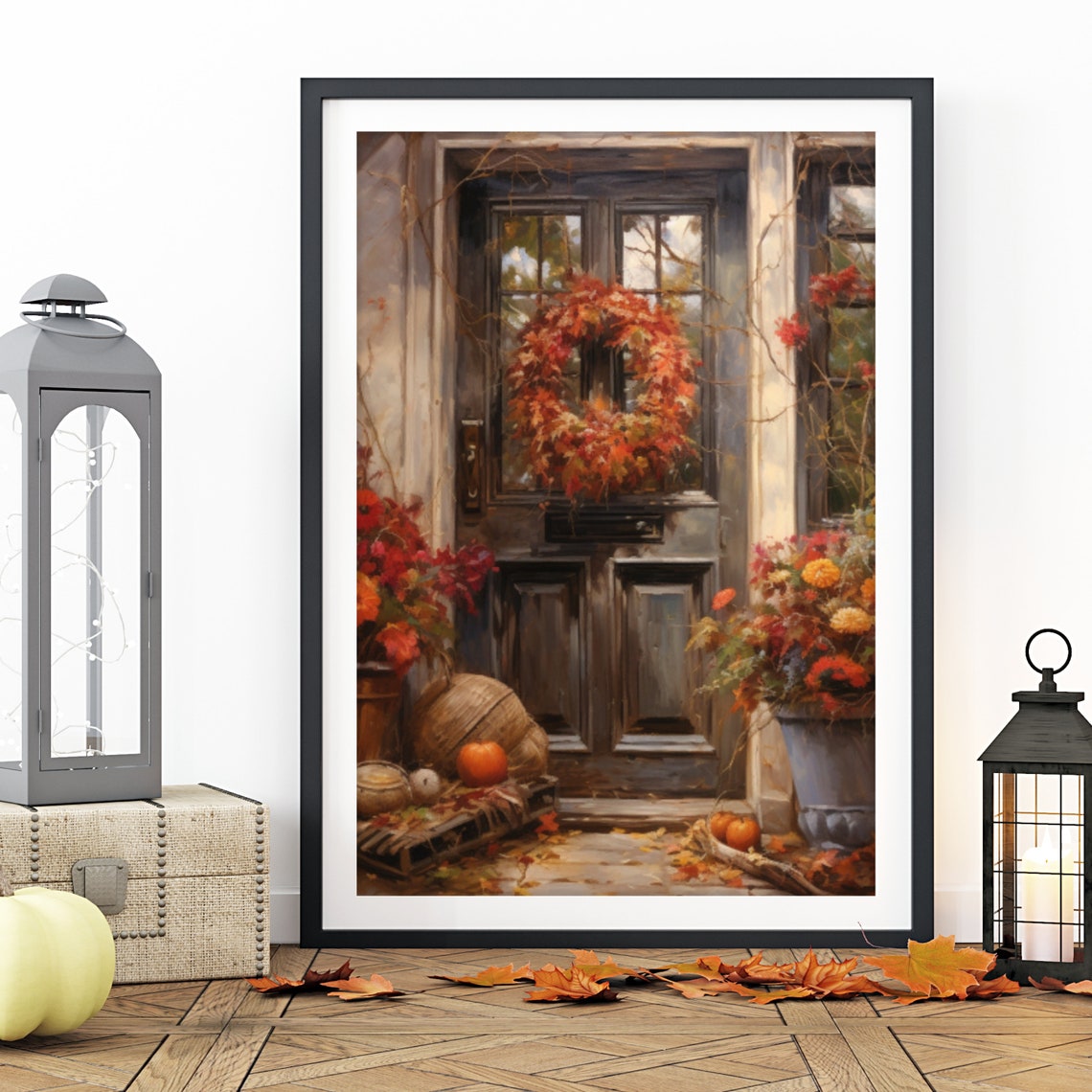 Rustic Autumn Front Door With Wreath And Pumpkins Fall Poster - Image 5