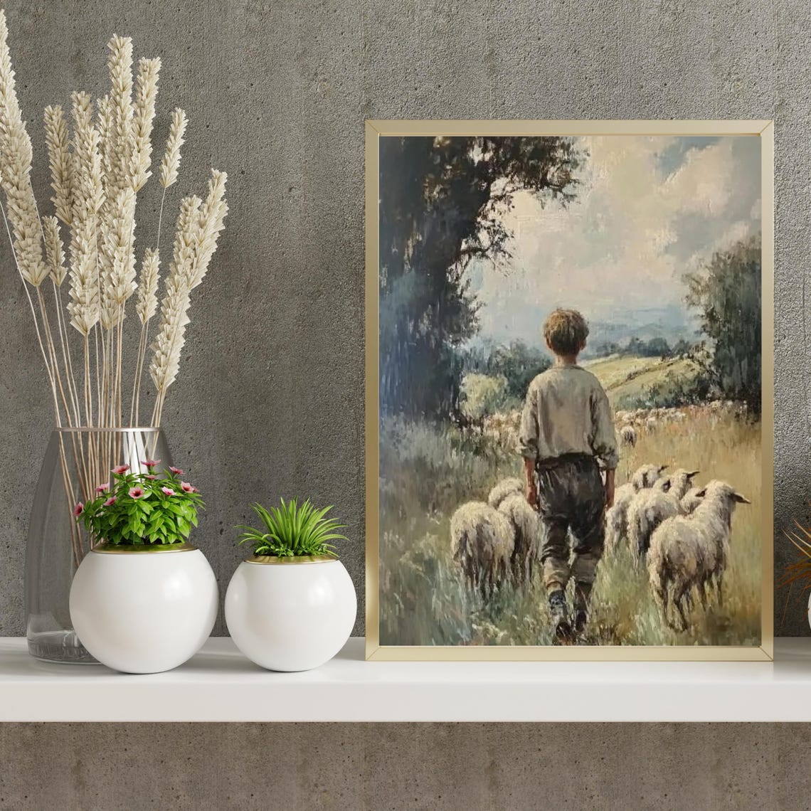 Young Shepherd Boy Leading Sheep Pastoral Countryside Painting Poster - Image 5