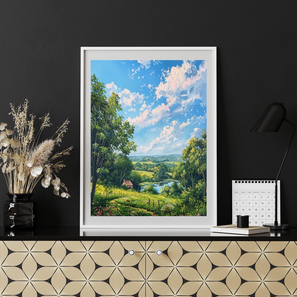 Sunny Countryside Pond Cottage Dramatic Clouds Landscape Poster - Image 5