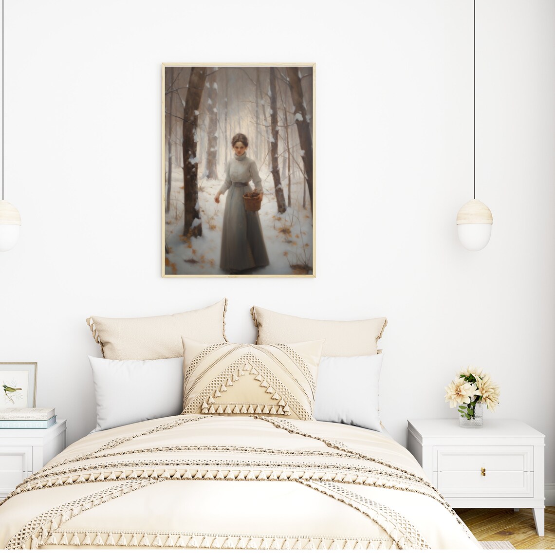 Woman Gathering in Snowy Winter Woods with Basket Painting Poster - Image 5