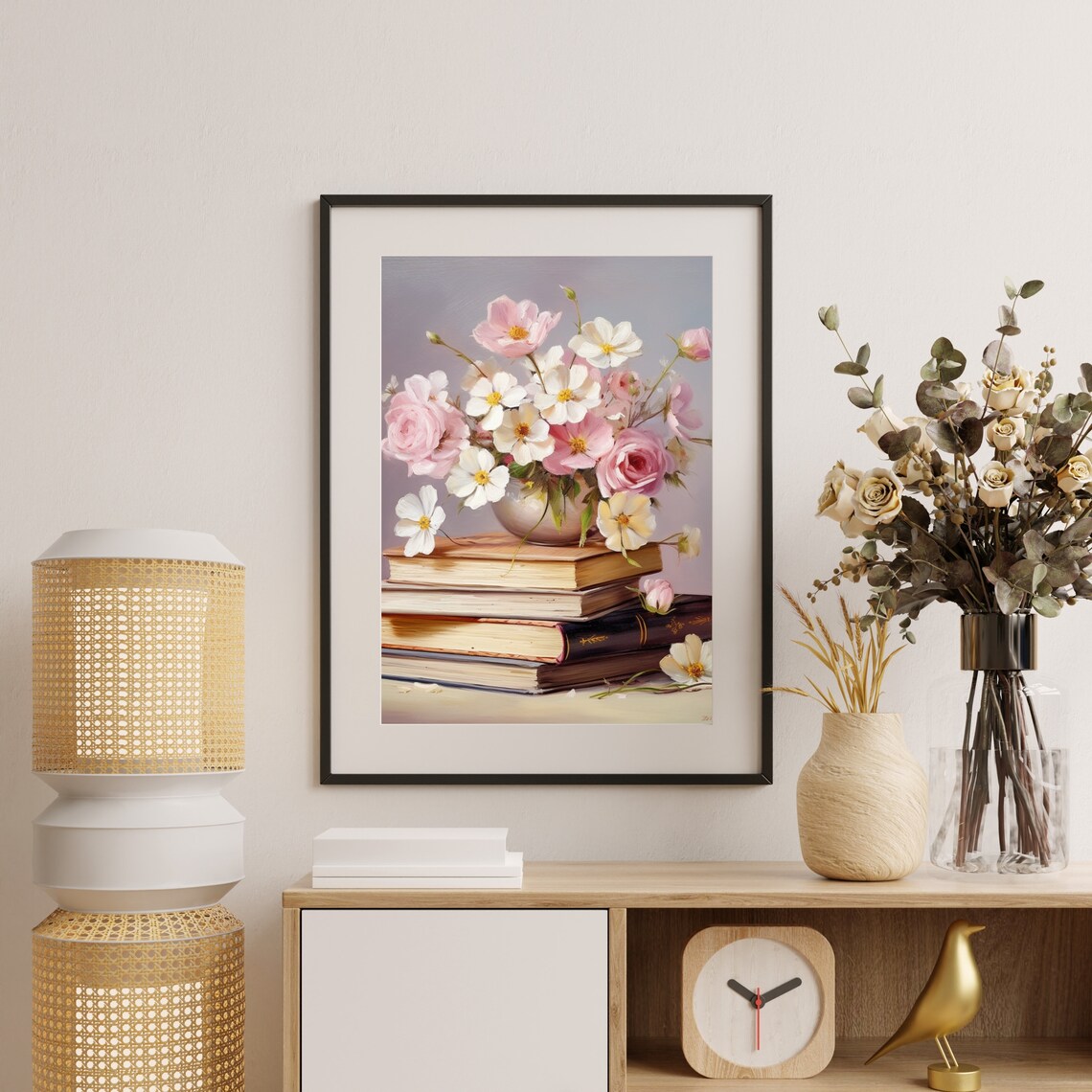 Pink Roses Vase Antique Books Still Life Floral Painting Poster - Image 5