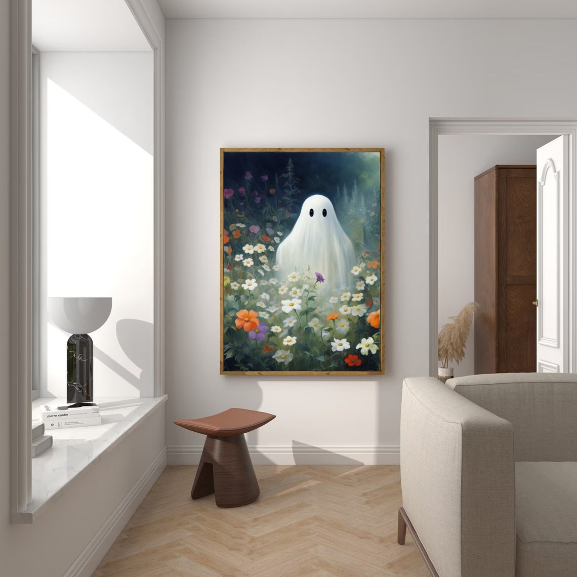 Cute Ghost Standing Wildflower Meadow At Dusk Halloween Art Poster - Image 6