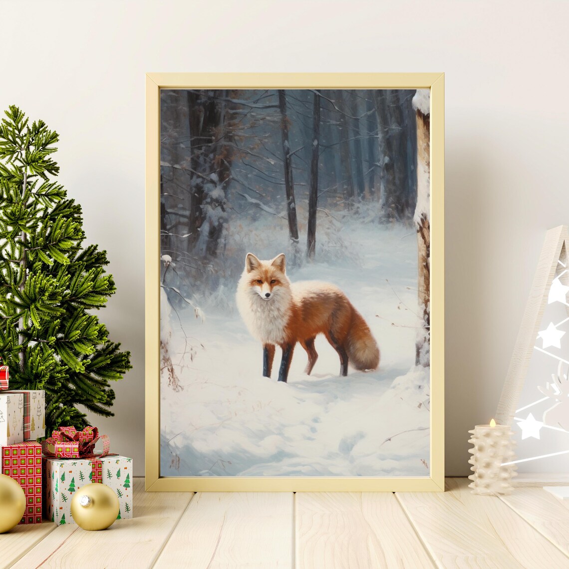 Red Fox In Snowy Winter Forest Rustic Woodland Animal Portrait Poster - Image 2
