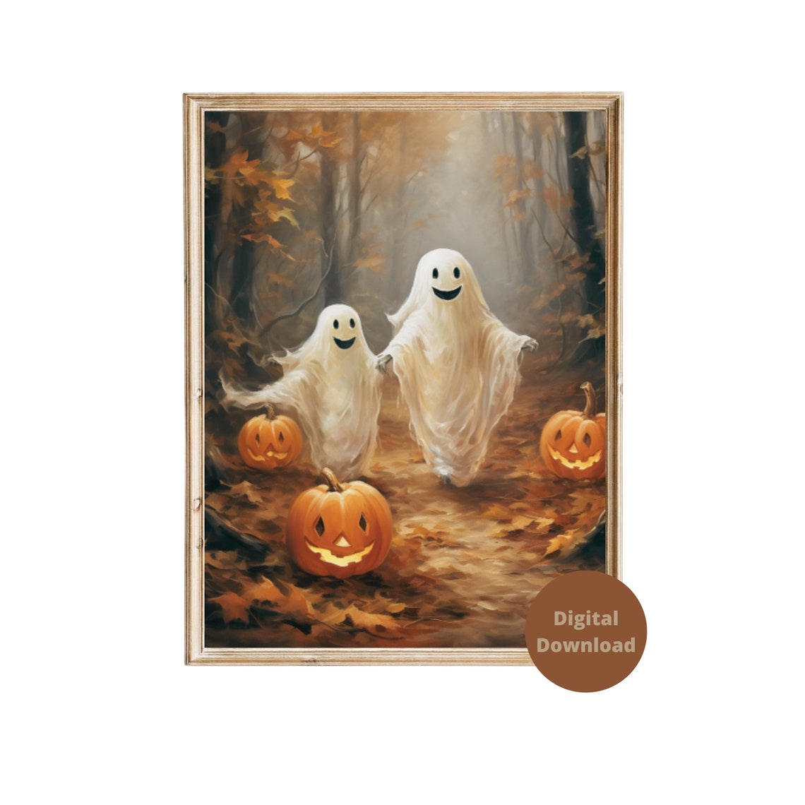 Cute Ghosts with Jack O Lanterns in Autumn Forest Painting Poster - Image 5