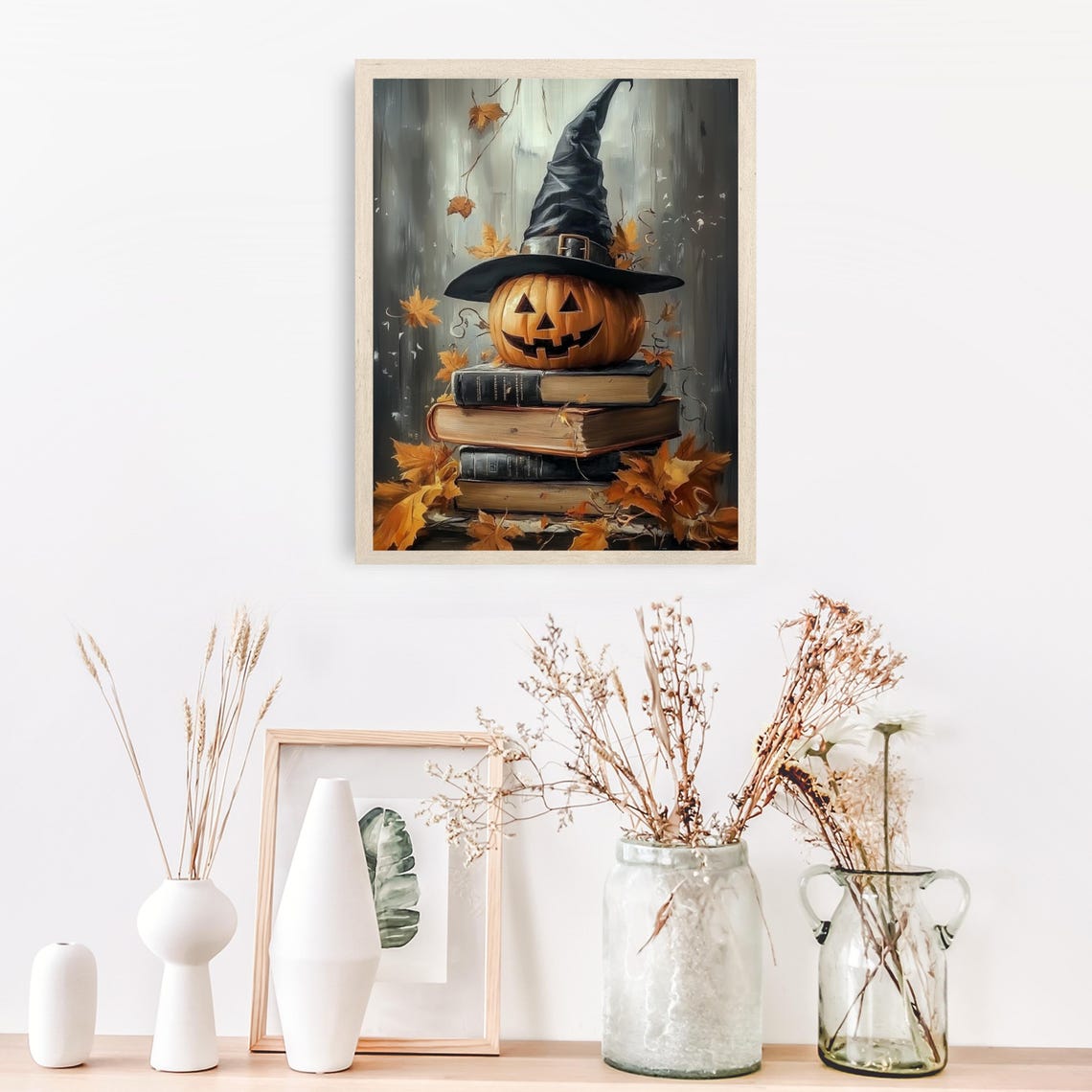 Jack-O-Lantern with Witch Hat on Books Halloween Painting Poster - Image 4