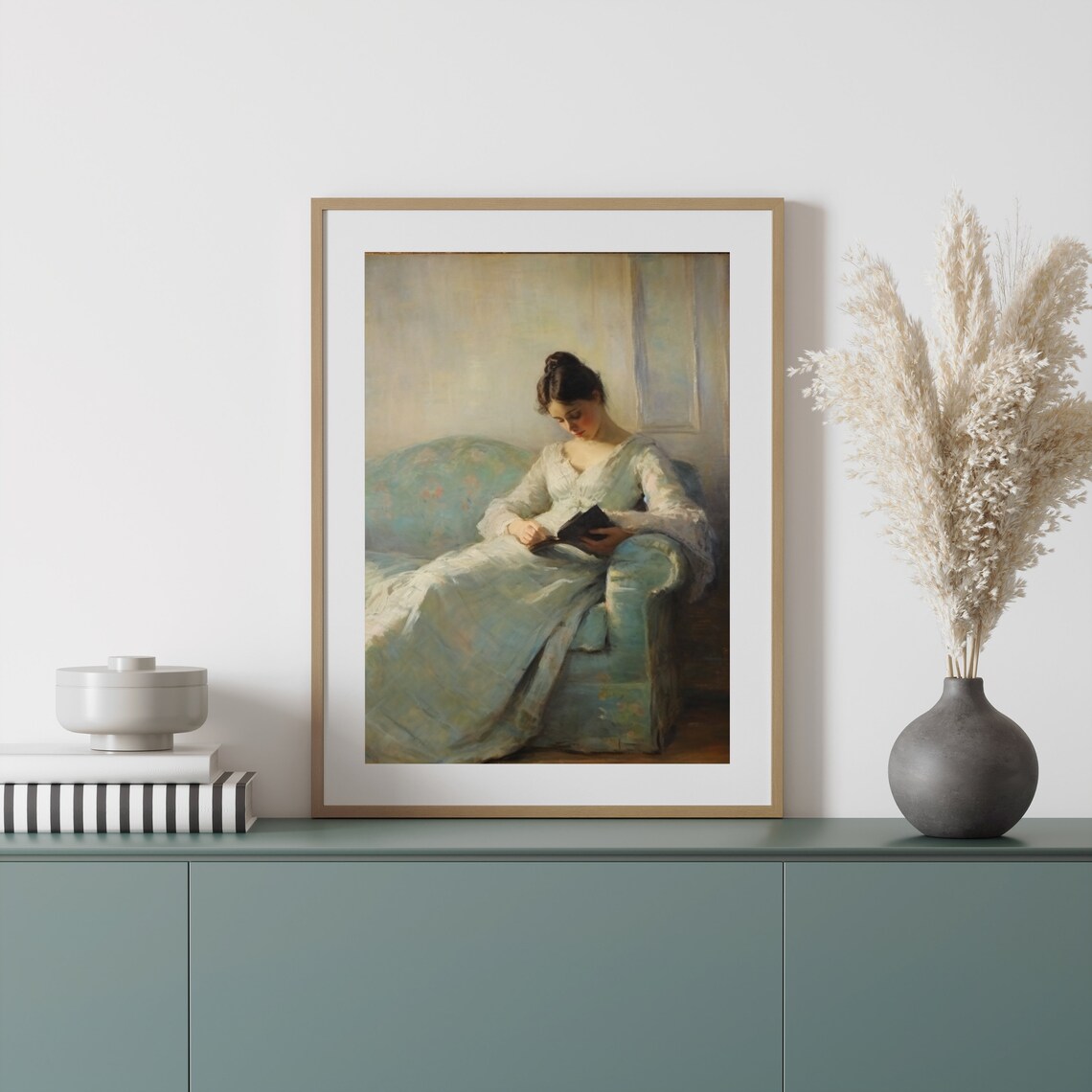 Impressionist Woman Reading Book on Sofa Vintage Interior Painting Poster - Image 2