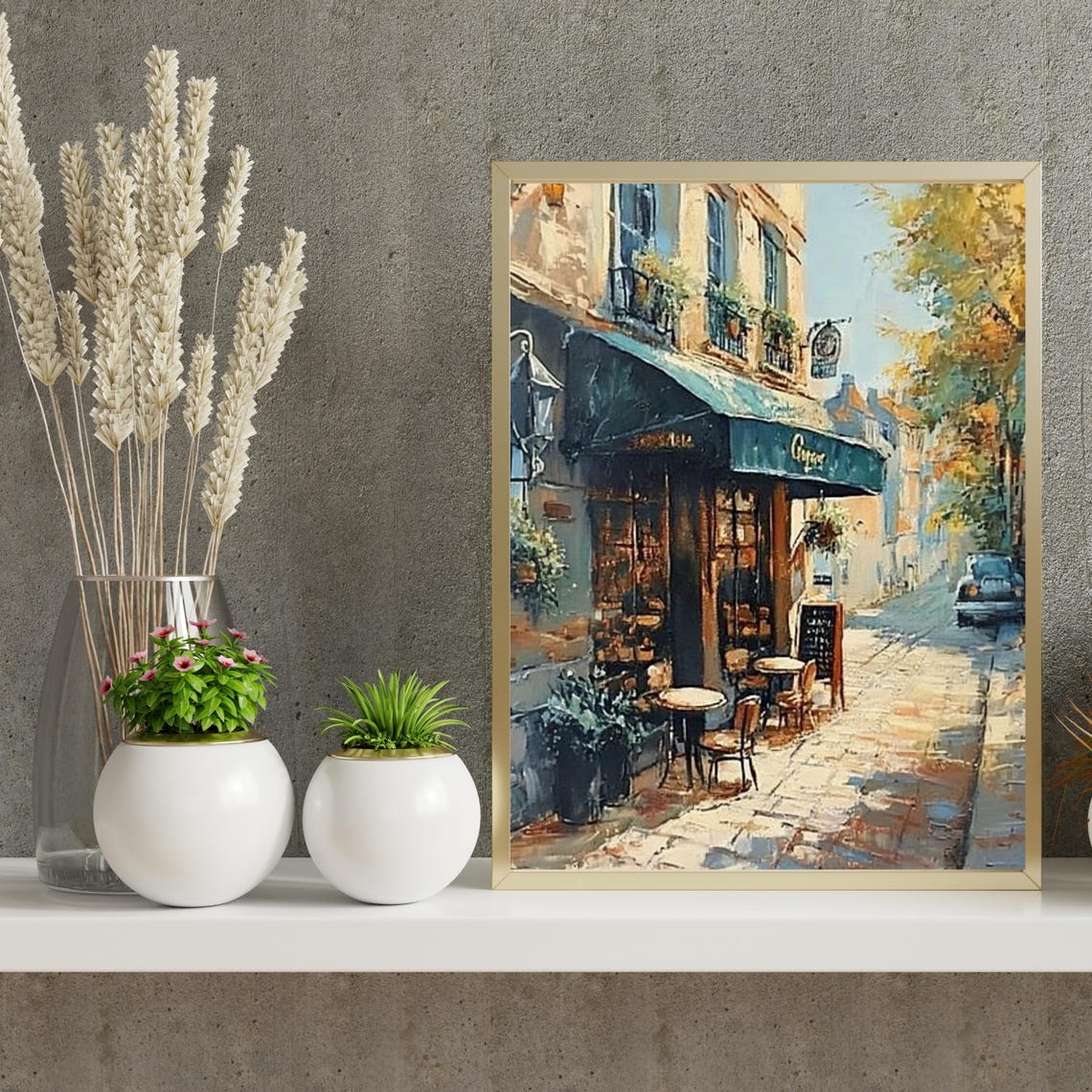 Sunlit Parisian Cafe Corner On Cobblestone Street Painting Poster - Image 6