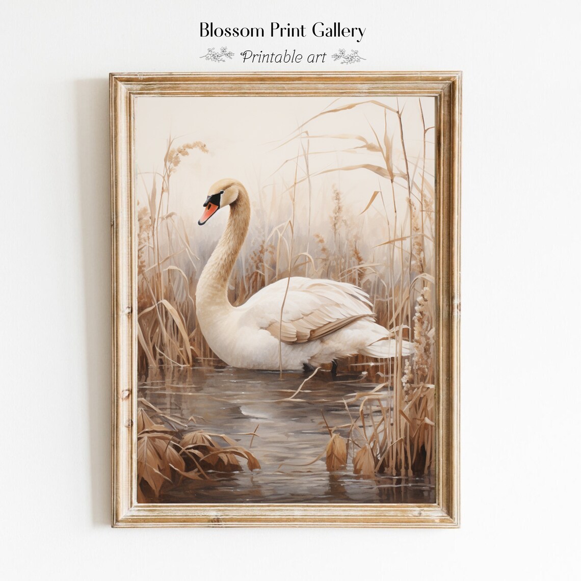 Vintage Swan Painting, Rustic Farmhouse Art Print