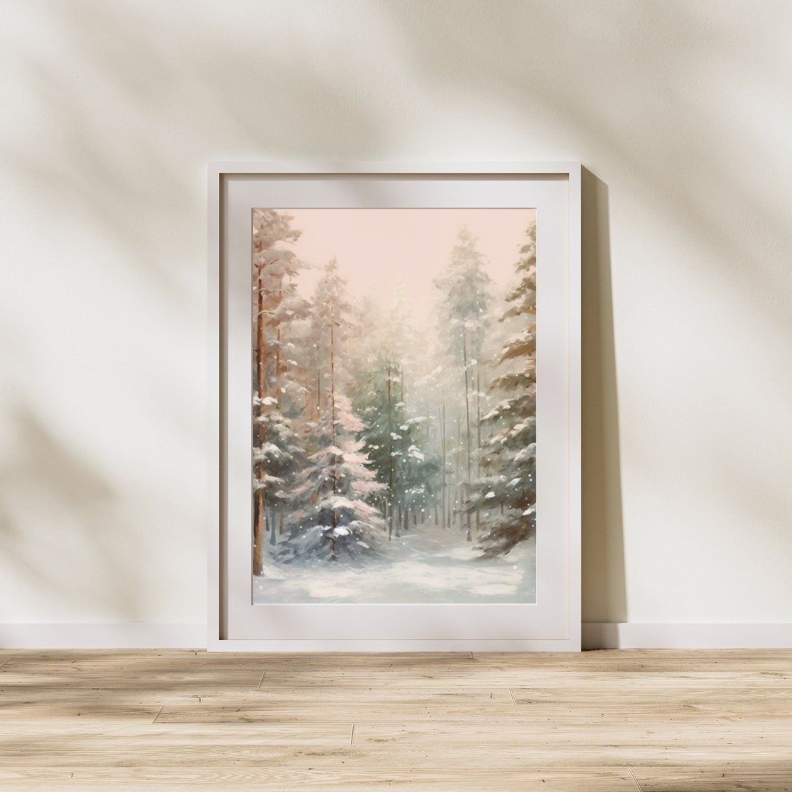Misty Snowy Pine Forest In Soft Blush Tones With Falling Snow Print - Image 4