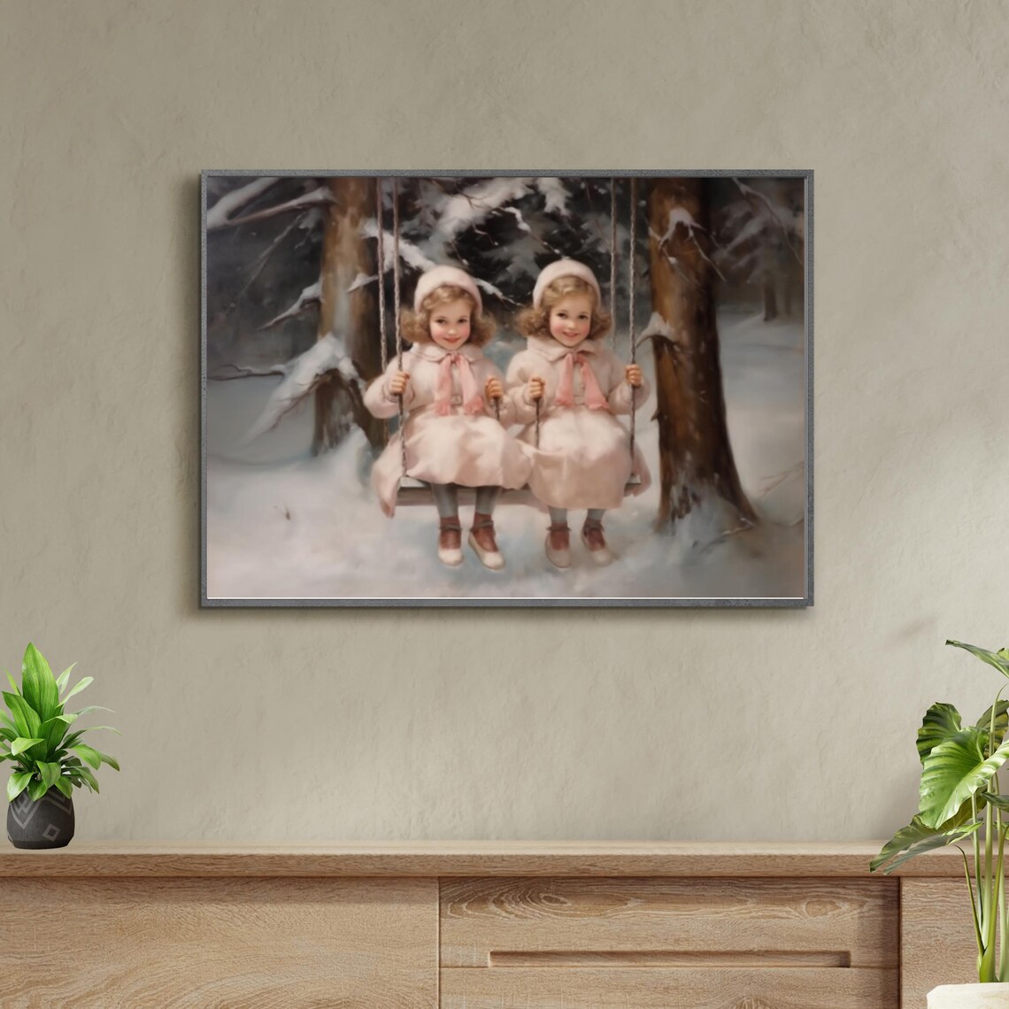 Two Girls On Swings In Snowy Winter Woods Vintage Christmas Art Poster - Image 6