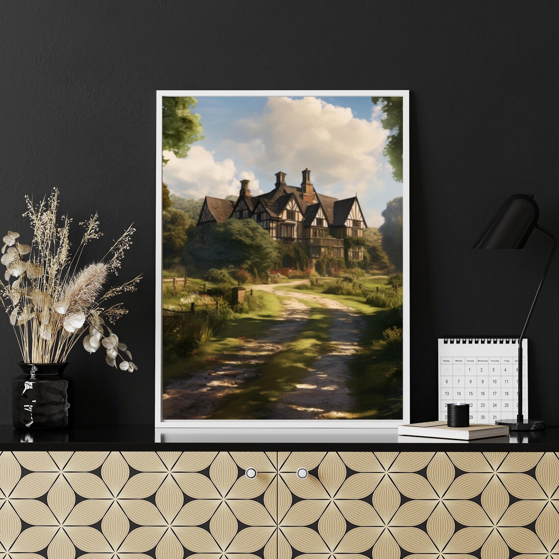Tudor Style Mansion Country Lane Grand Estate Landscape Art Poster - Image 3