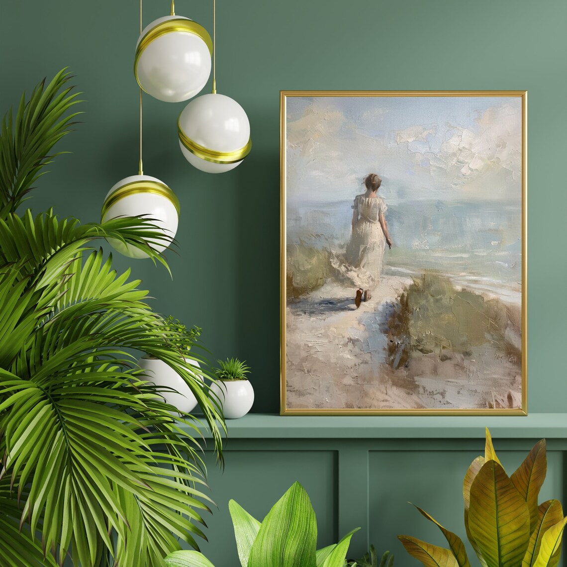 Woman In White Dress Walking To The Beach Coastal Painting Poster - Image 2