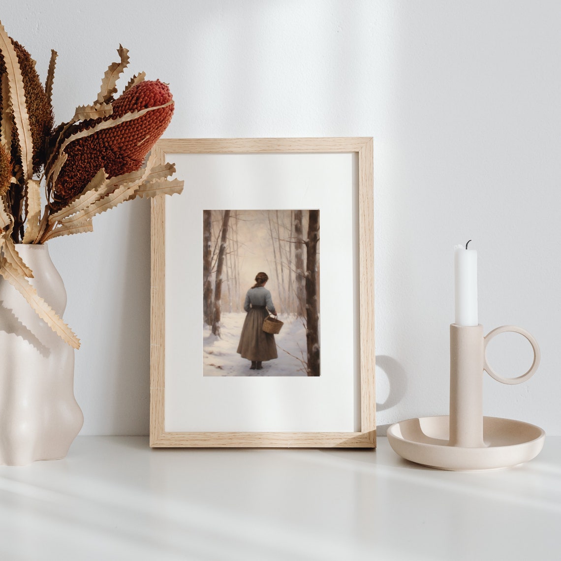 Woman With Wicker Basket Walking Through A Snowy Birch Forest Poster - Image 4