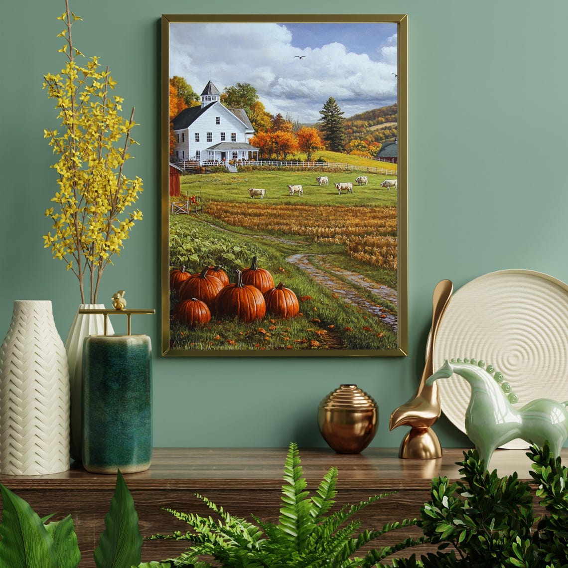 Autumn Farm Scene With White Farmhouse Cows And Pumpkins Poster - Image 6