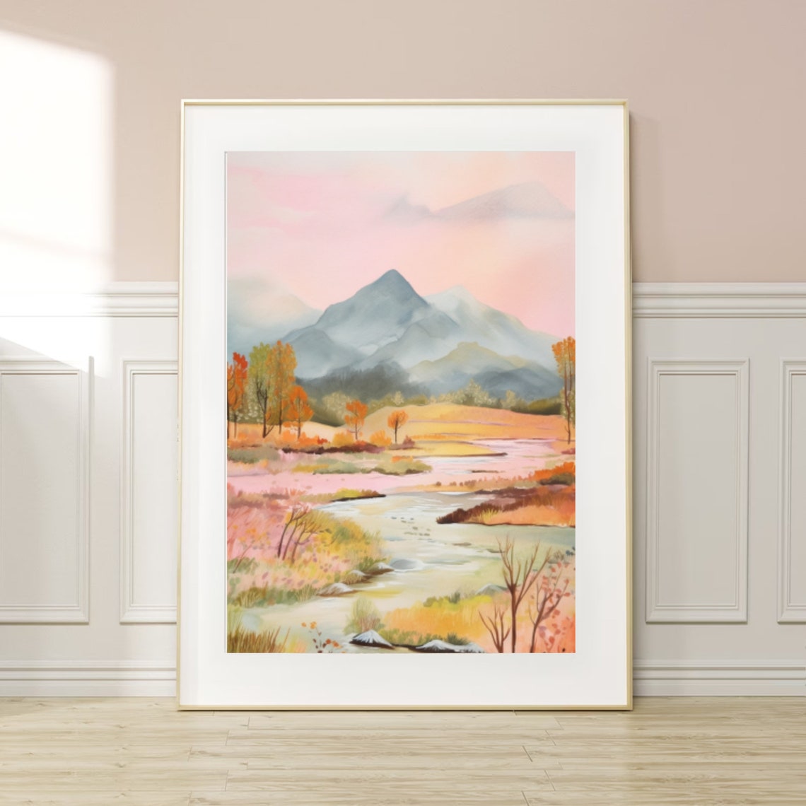 Pastel Watercolor Mountain Valley Meadow Stream Painting Poster