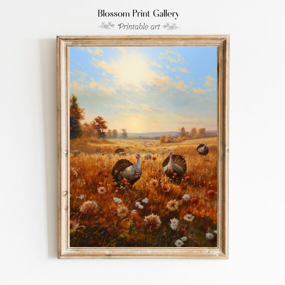 Wild Turkeys in Autumn Meadow Wildflower Field Painting Poster