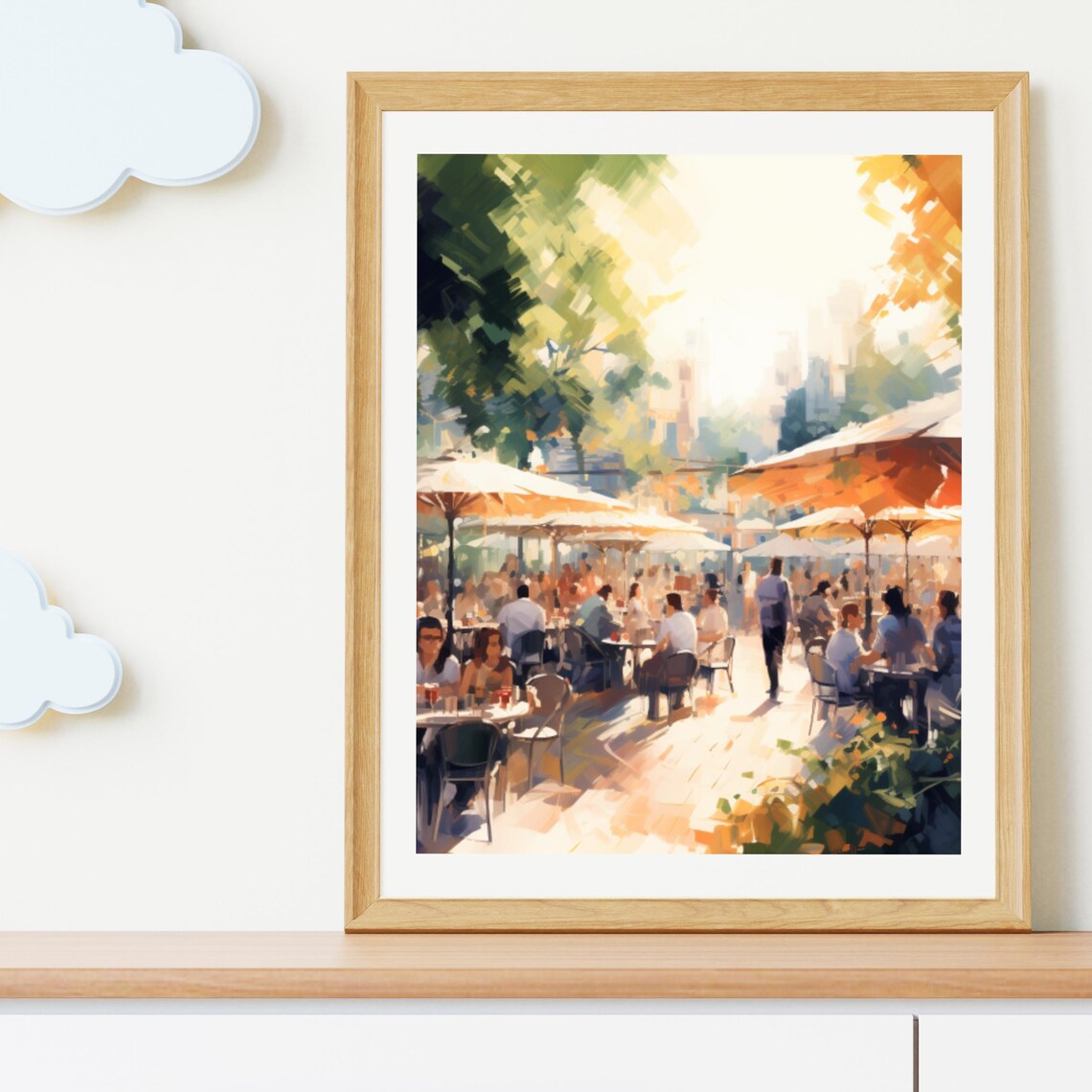 Sunny Outdoor Cafe Terrace With Umbrellas And Happy Diners Print - Image 3