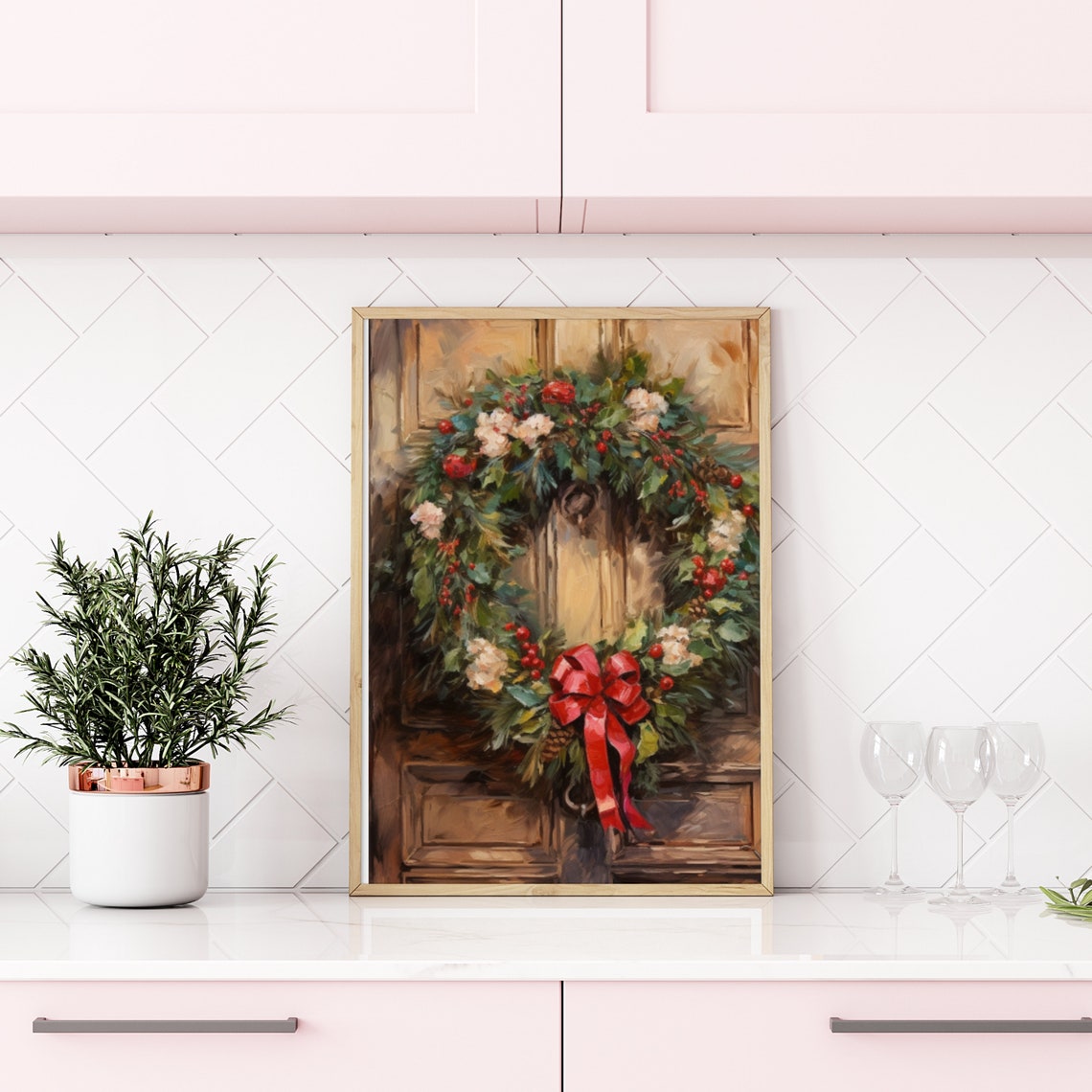 Christmas Wreath On Rustic Wooden Door With Red Bow Painting Poster - Image 5