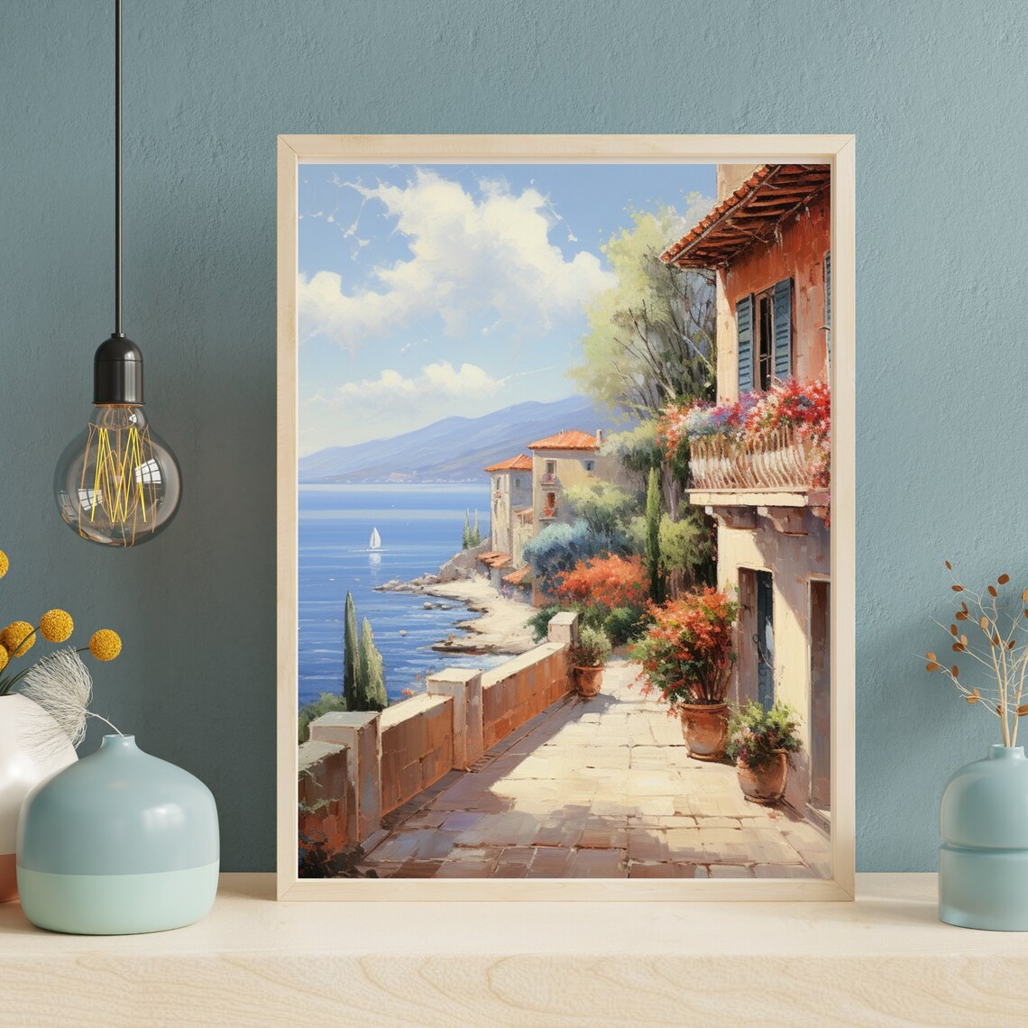 Mediterranean Coastal Village Terrace Blue Sea Summer Poster - Image 2