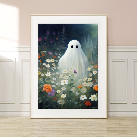 Cute Ghost On A Flower Meadow Wall Art Spooky Vintage Painting Poster Halloween Ghost Print Farmhouse Halloween Decor Boho Ghost