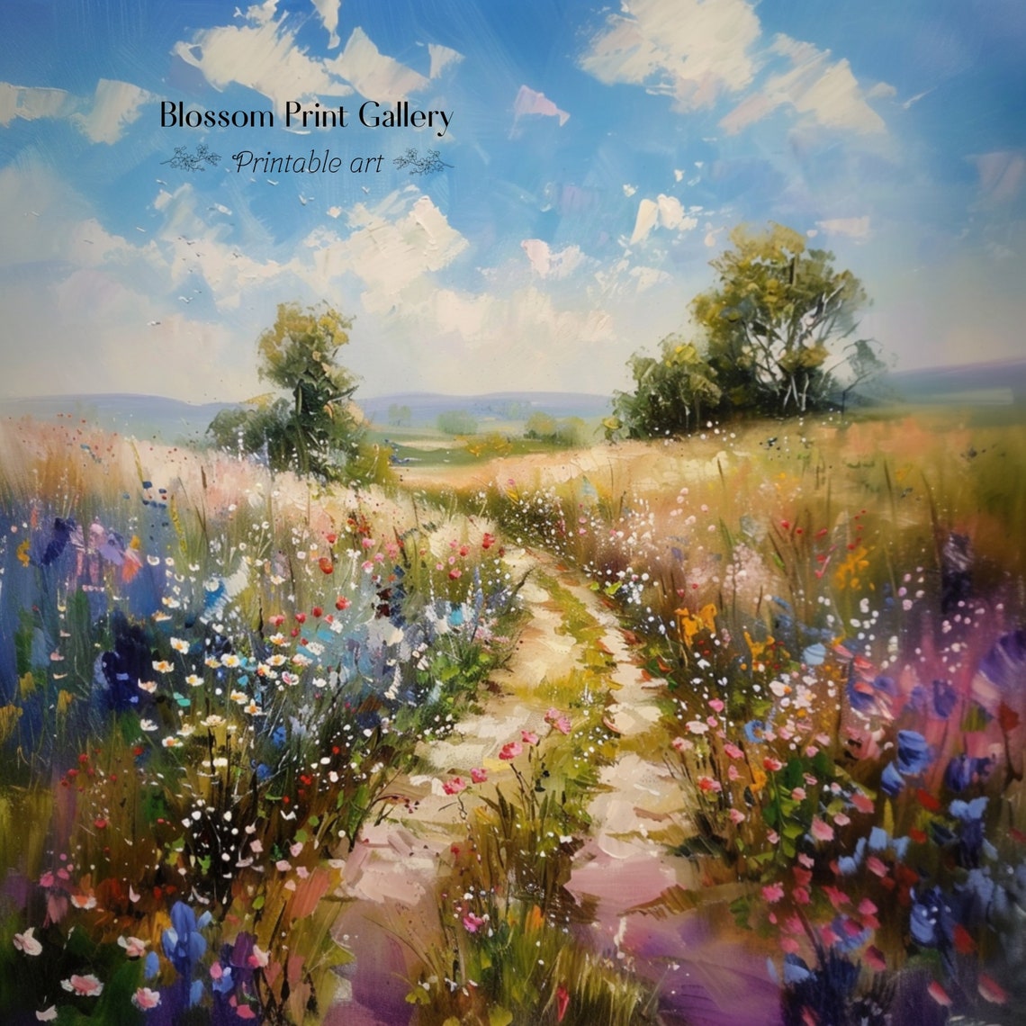 Wildflower Meadow Path Under Bright Blue Summer Sky Art Poster