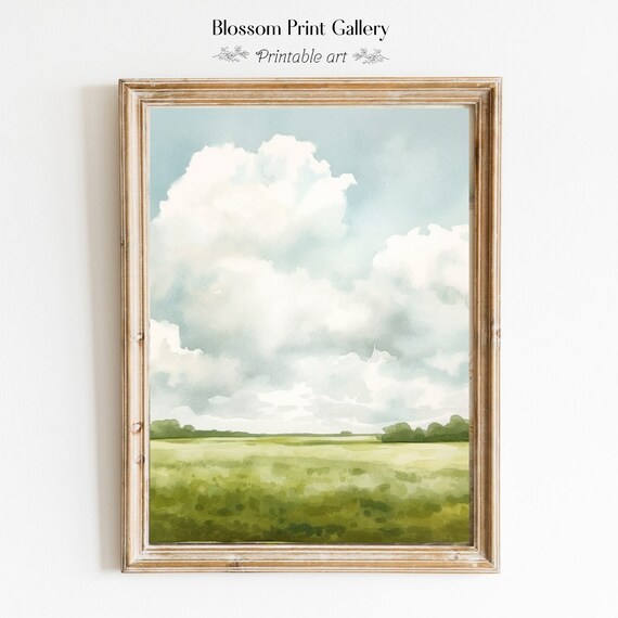 Green Field Under Big Clouds Watercolor Sky Landscape Poster