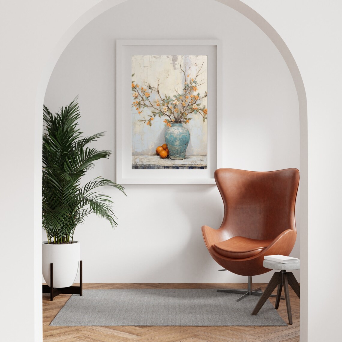 Orange Blossom Branches Turquoise Vase Still Life Painting Poster - Image 6
