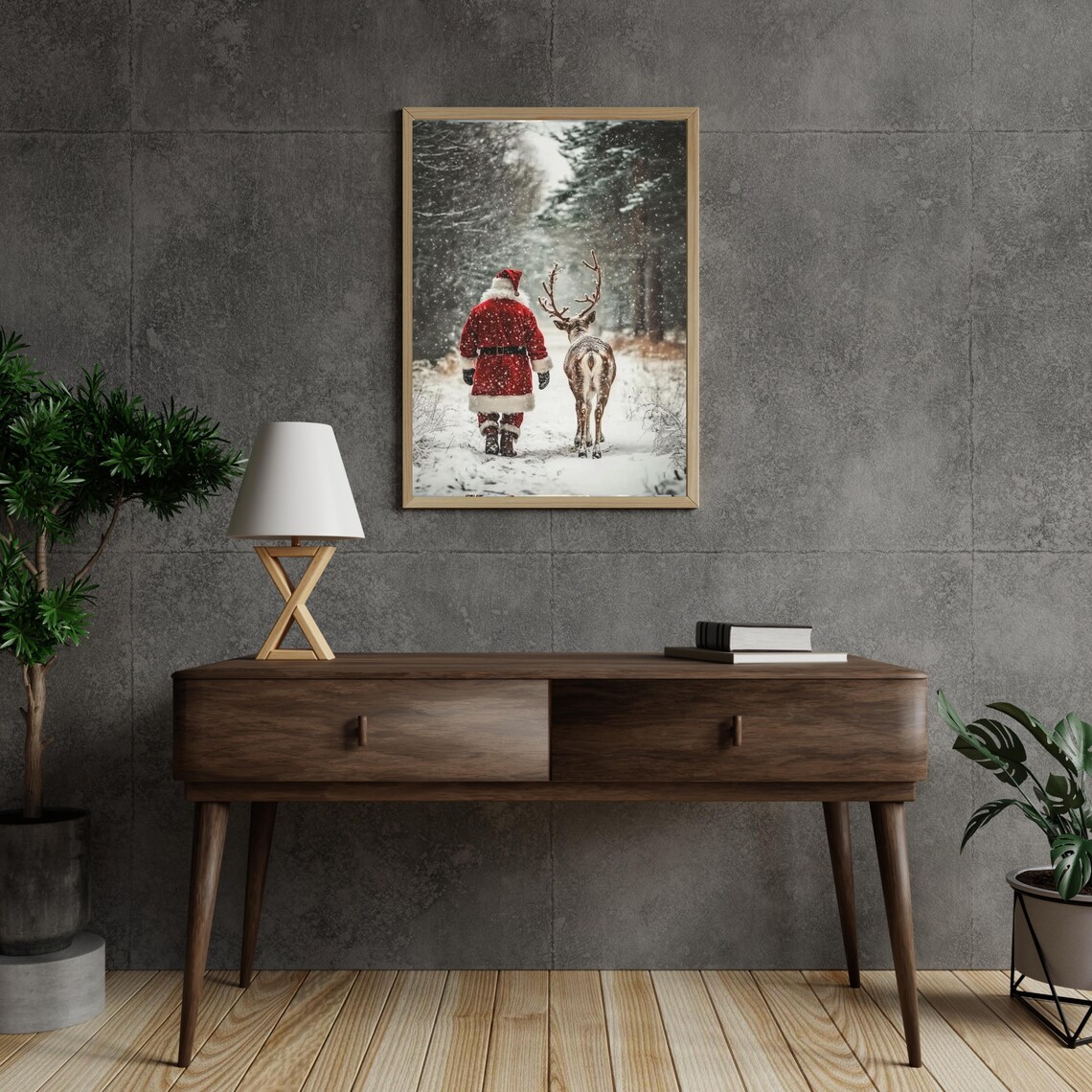 Santa Claus Walking Reindeer Snowy Forest Christmas Art Poster - Image 3