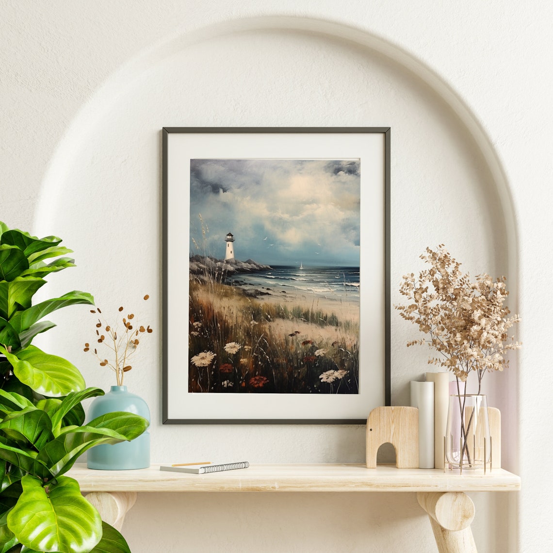 Moody Lighthouse on Rocky Coast Seascape Oil Painting Poster - Image 4