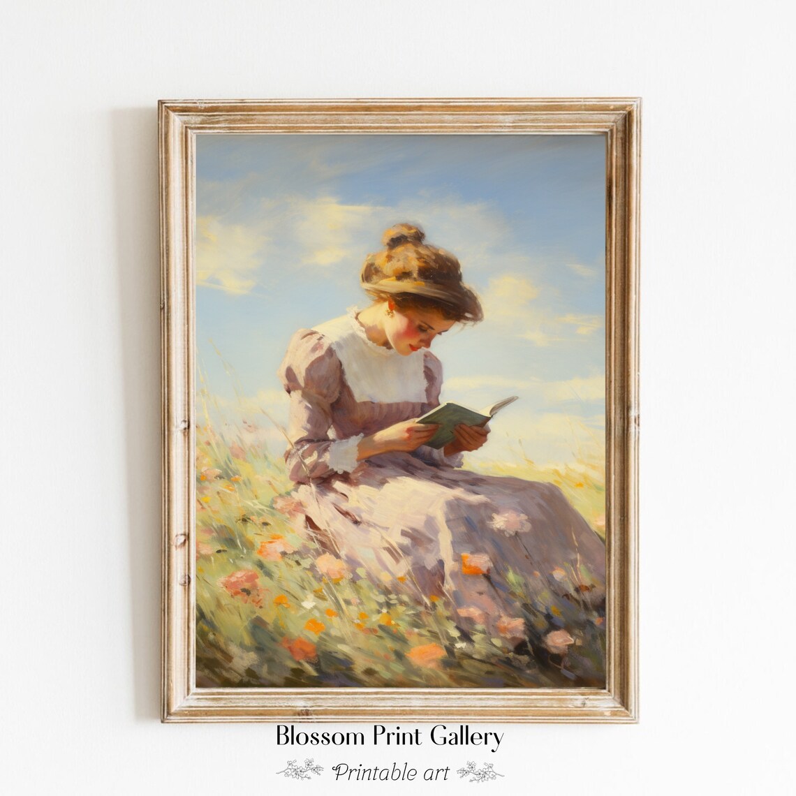 Woman Reading Book In Sunny Wildflower Meadow Vintage Art Poster