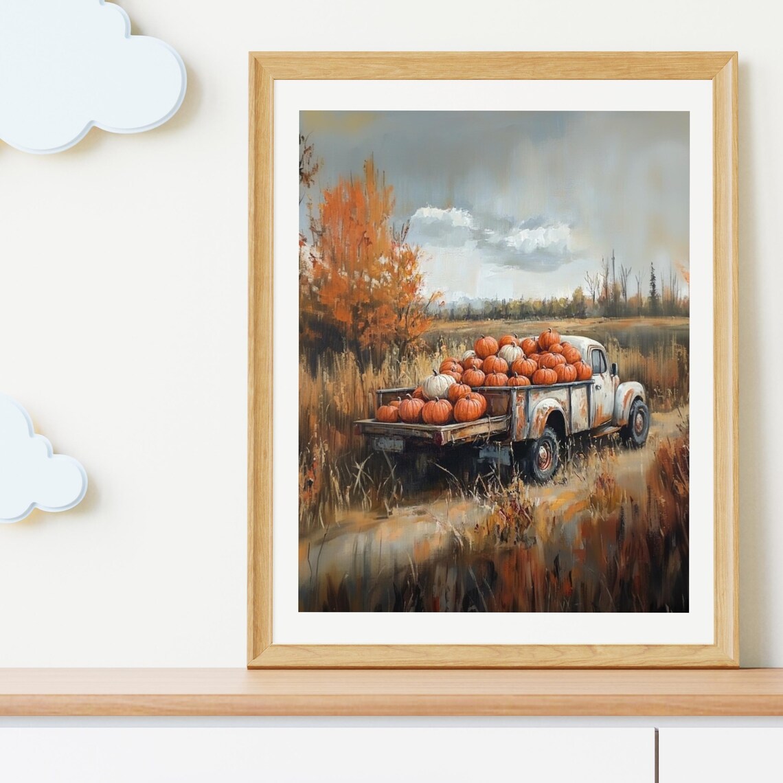 Vintage White Truck Loaded With Pumpkins Autumn Field Fall Decor Poster - Image 3