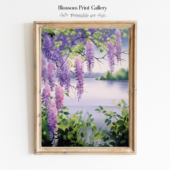 Purple Wisteria Blooming Over Calm Lake Spring Watercolor Poster