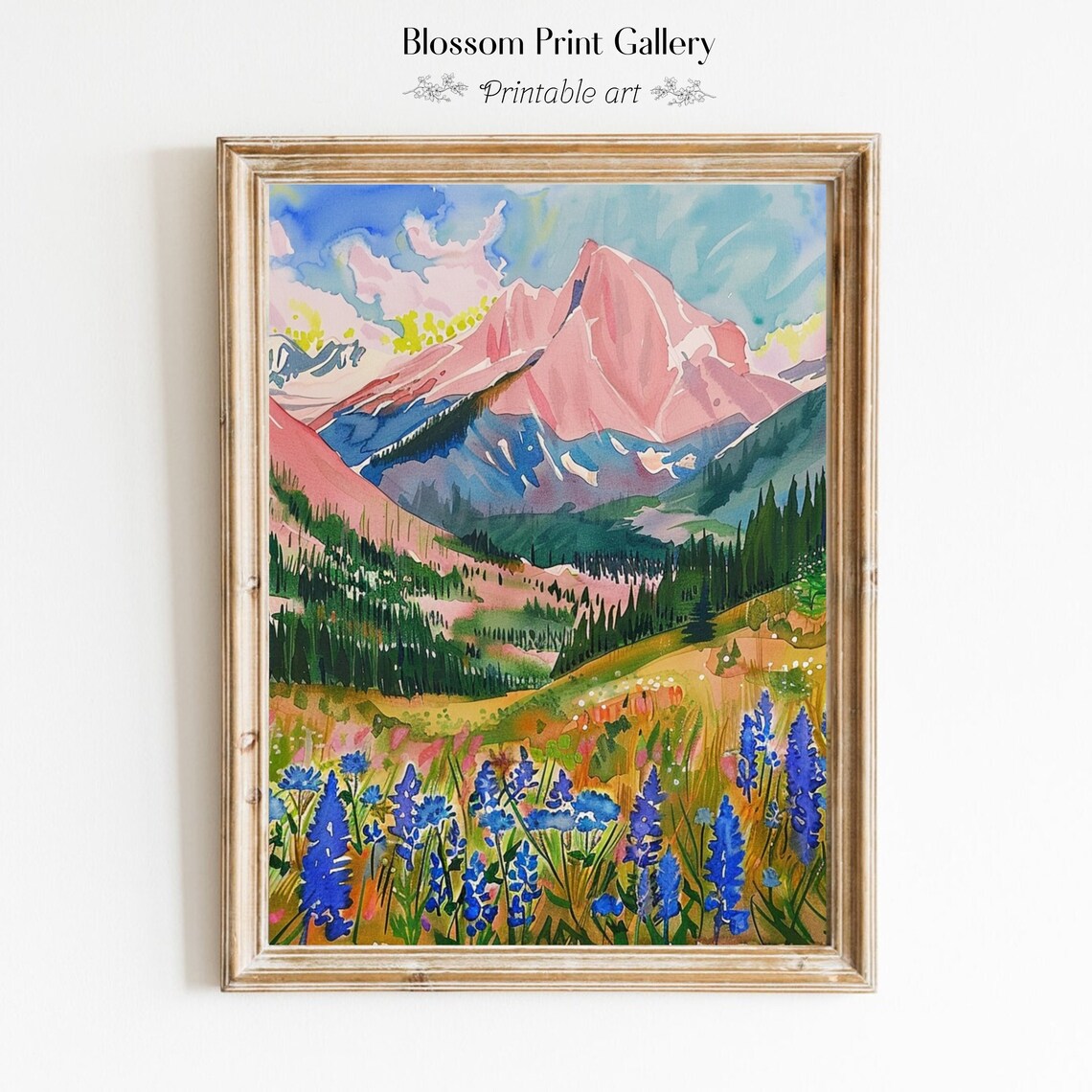 Pink Alpine Peak Above a Blue Lupine Meadow Watercolor Poster