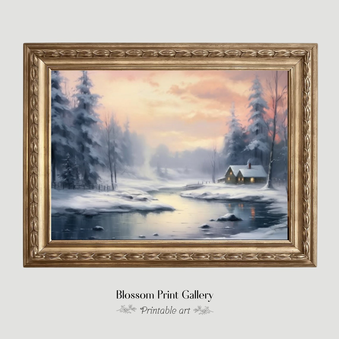 Winter Cabin by Frozen River at Pink Sunset Landscape Painting Poster