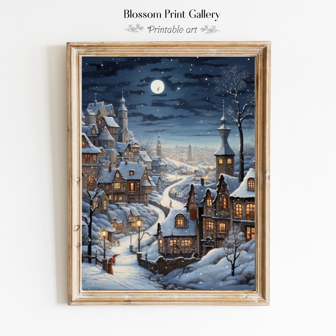 Snowy Storybook Village At Night Moonlit Winter Town Christmas Poster