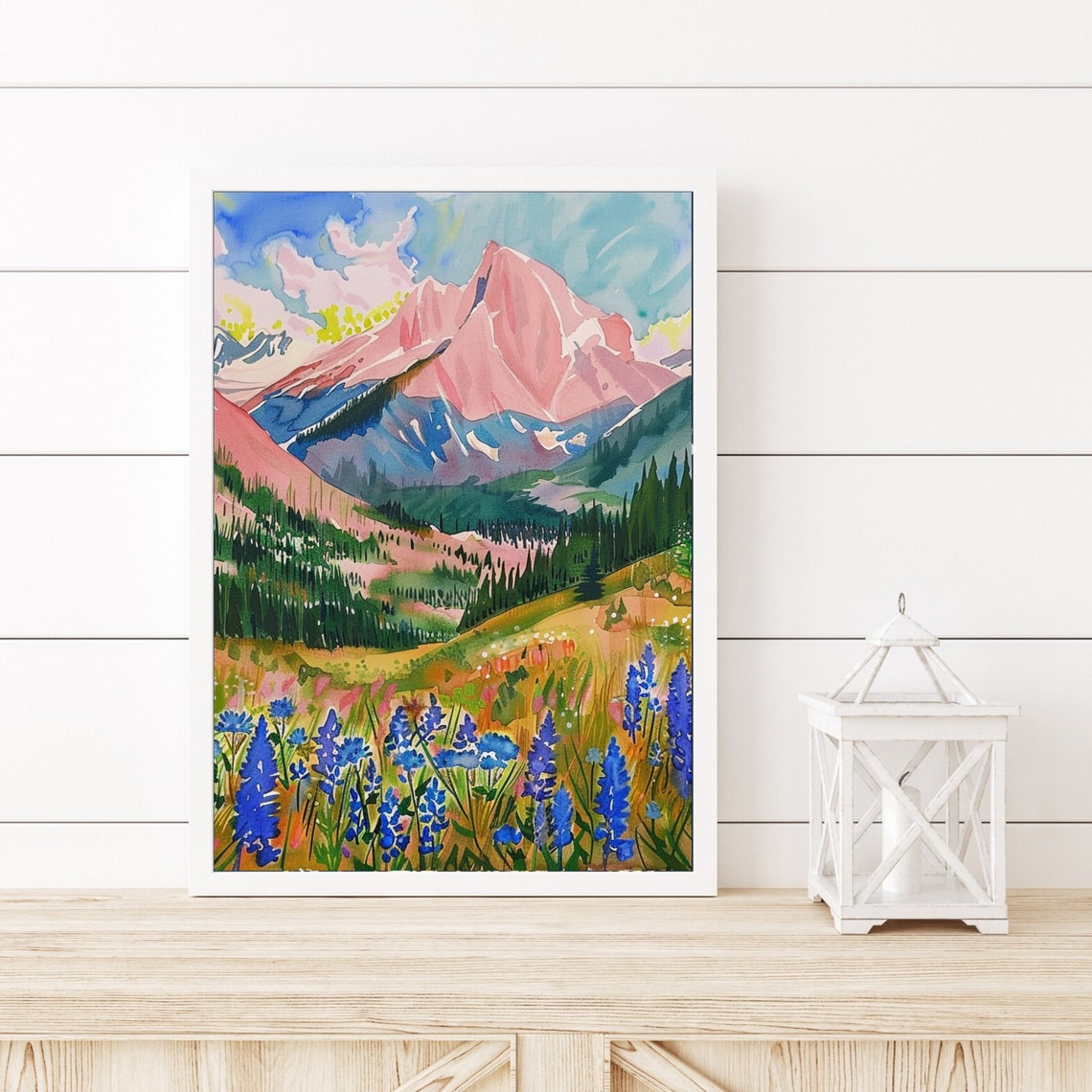 Pink Alpine Peak Above a Blue Lupine Meadow Watercolor Poster - Image 6
