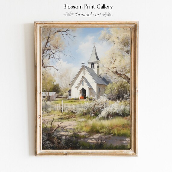 White Country Church in Spring Bloom with Picket Fence Poster